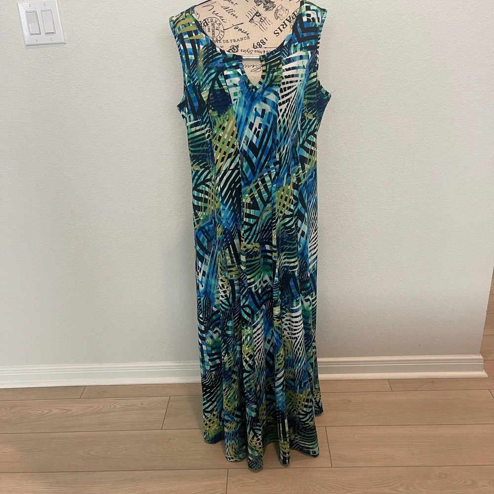 Sami & Jo 2X Maxi Dress Blue Green Abstract Sleeveless tropical art to wear